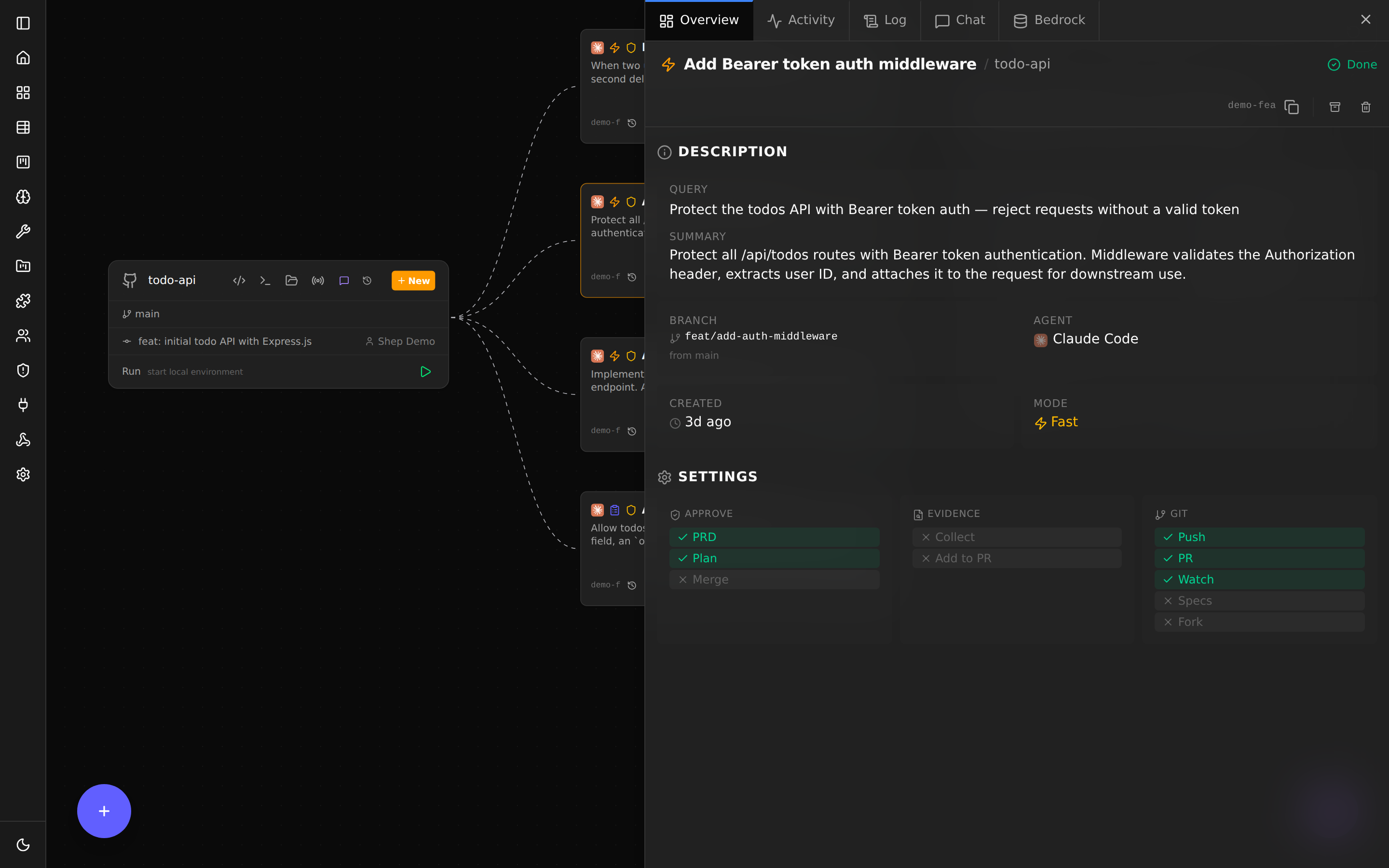 Reviewing a Shep-implemented pull request change in the feature detail view before merging