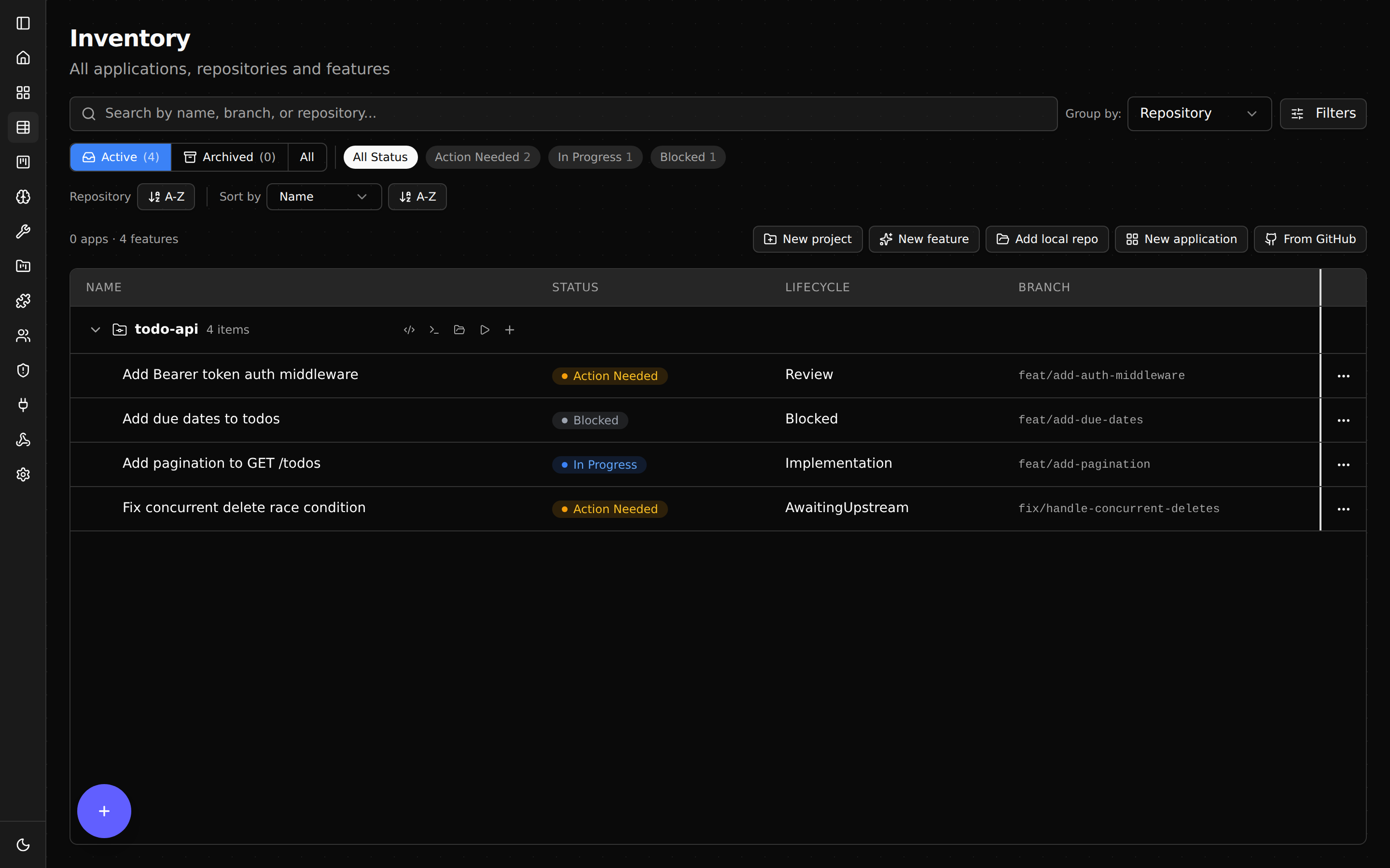 Several Shep features running in parallel at the same time, each isolated in its own git worktree
