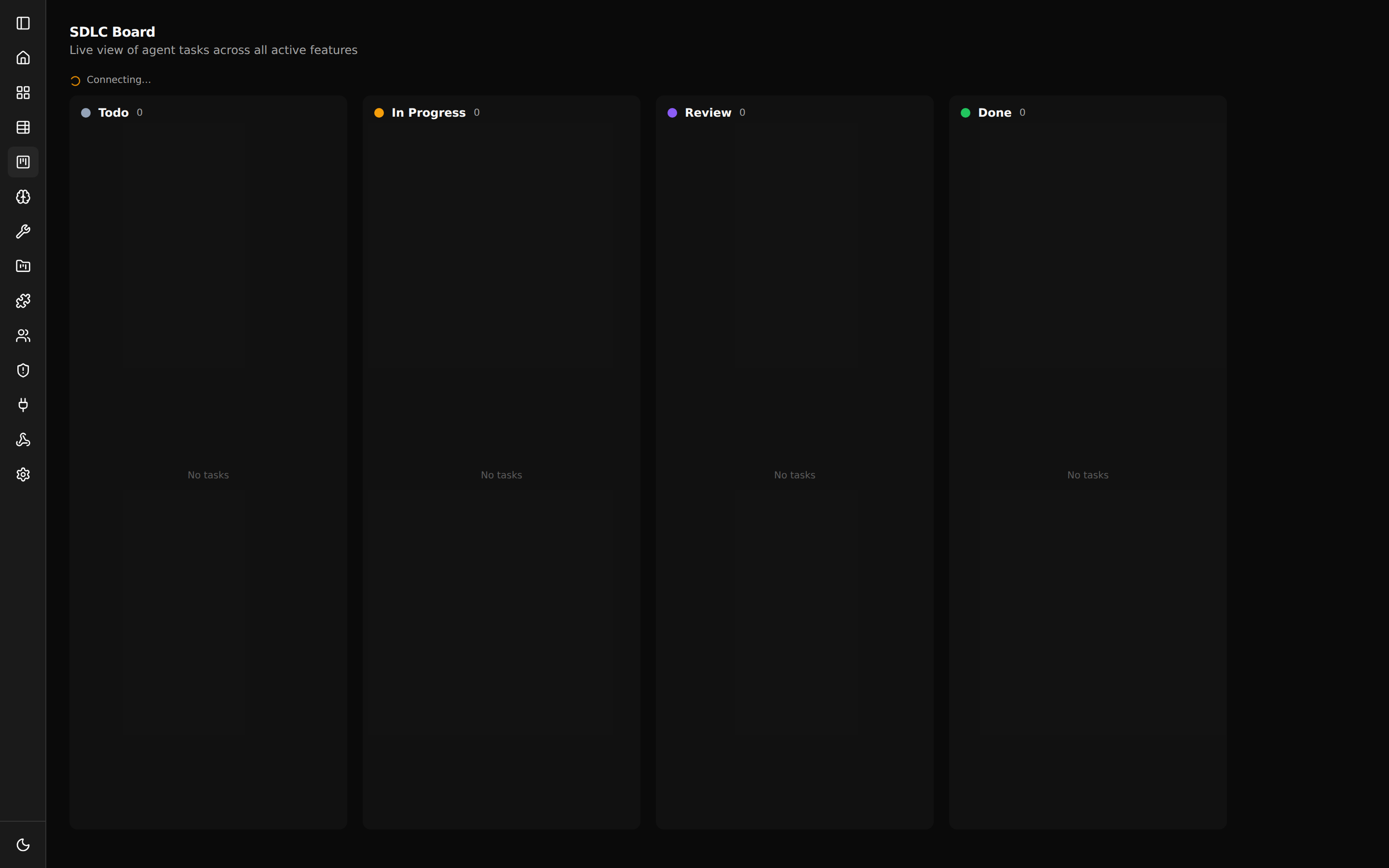 The Shep SDLC board with feature cards showing status, branch, and agent activity