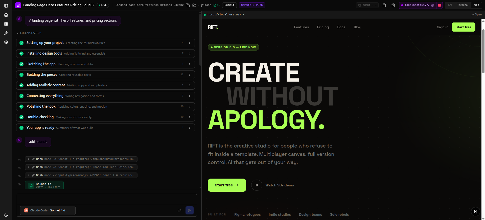Shep App Builder — IDE with task steps, live web preview, and agent chat