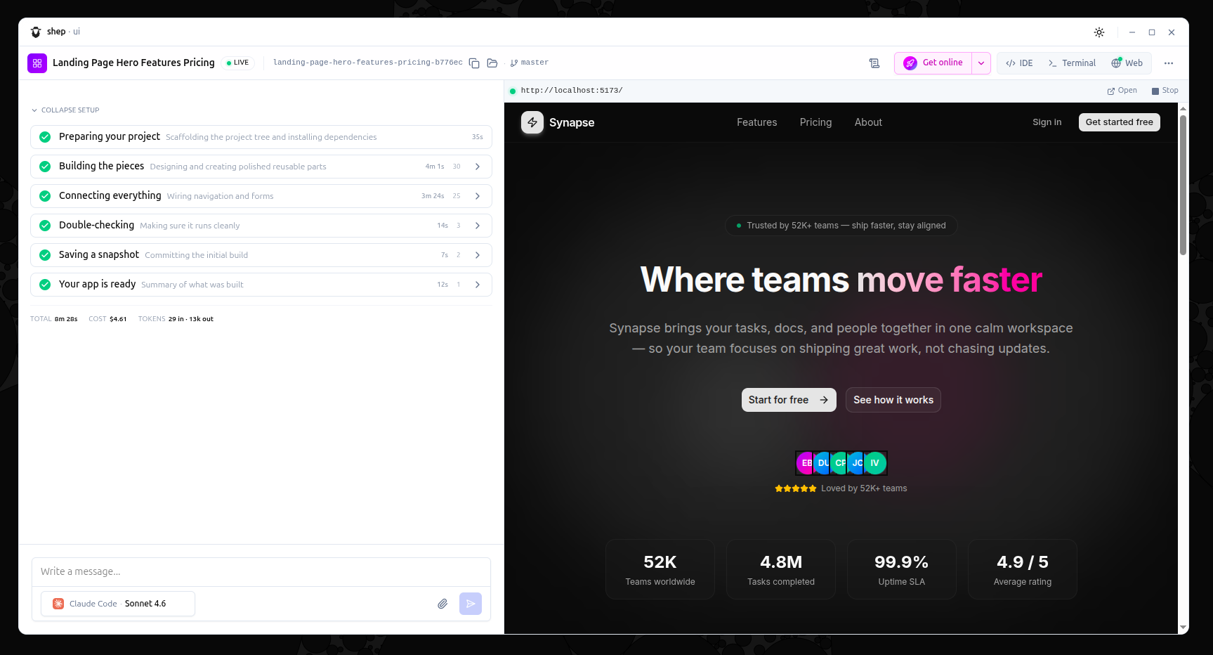 Shep — code, terminal, and live preview side-by-side