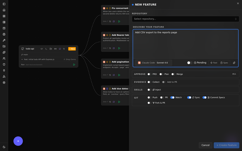 Shep new-feature drawer: a one-line feature description with agent, fast mode, and git options for the todo-api repo