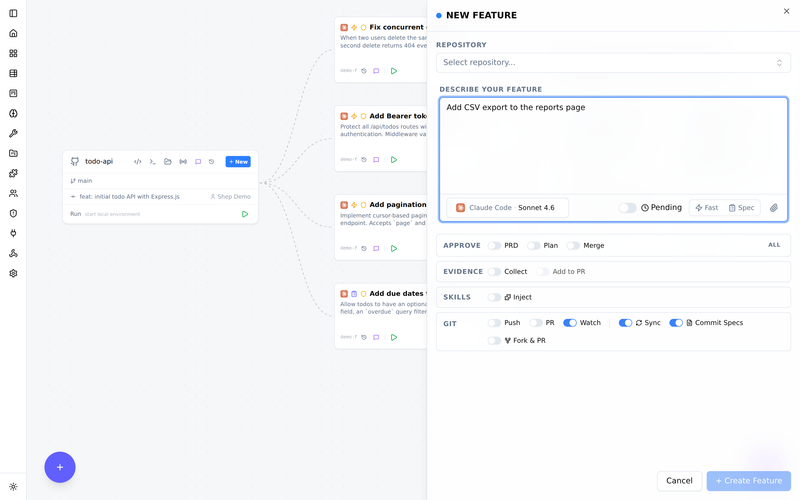 Shep new-feature drawer: a one-line feature description with agent, fast mode, and git options for the todo-api repo