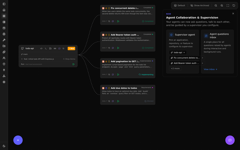 Shep visual canvas: four todo-api features running in parallel, each on its own branch with live status